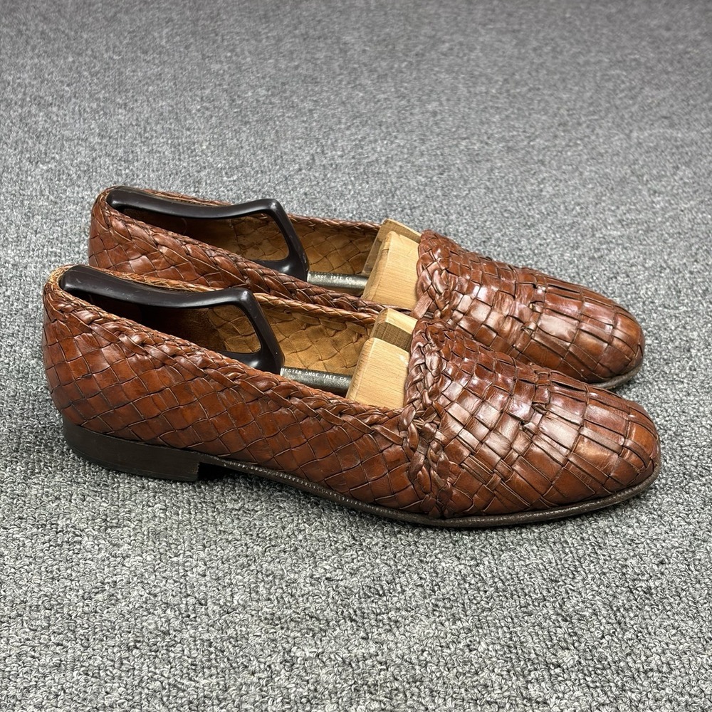 Moreschi Woven Leather Loafers Mens 10 Brown Handmade Italy Basket Weave Slip On